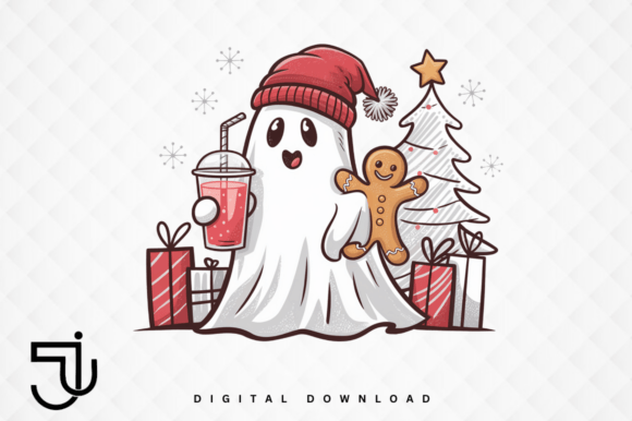Retro Cute Ghost Christmas Coffee PNG for Festive Designs